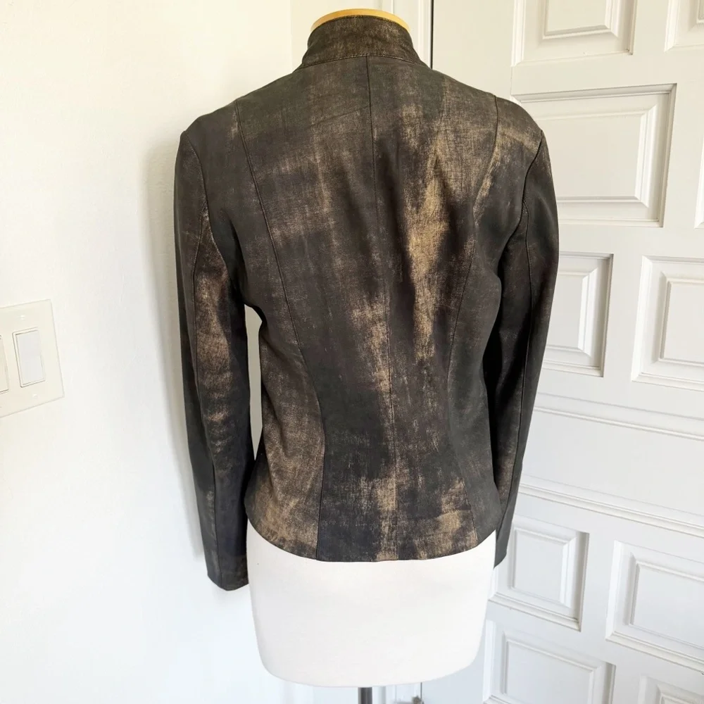 Cigno Nero Black Leather Jacket Fitted Coat Metallic Gold Size 40